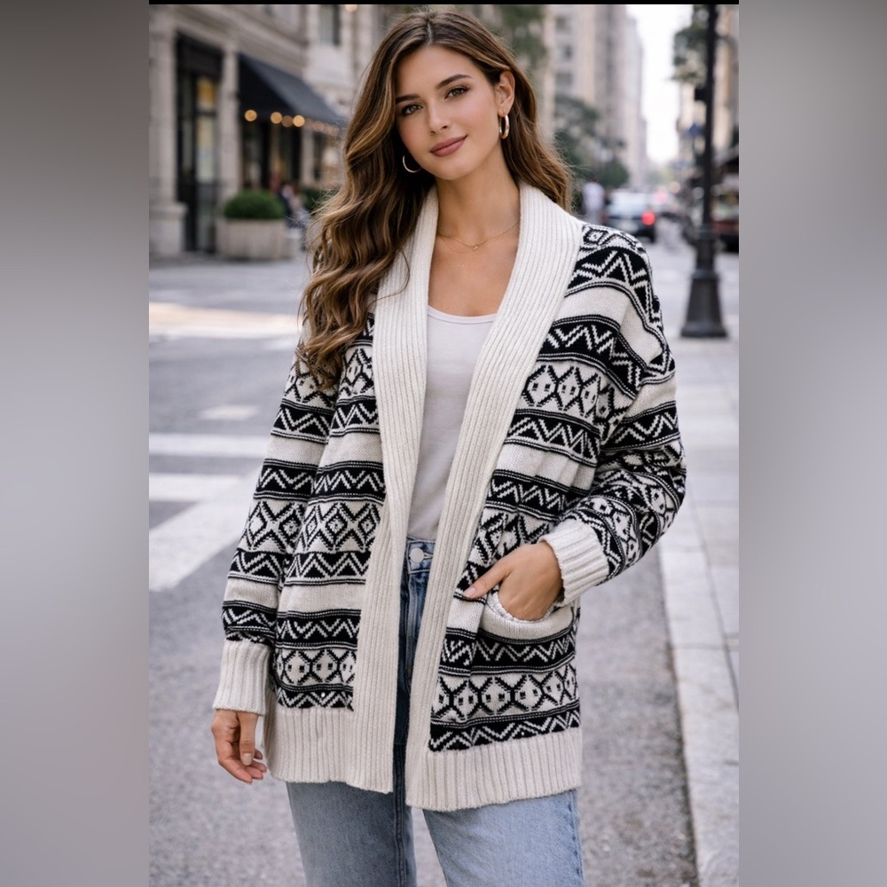Chaps Shawl Collar Fair Isle Cardigan Black Cream Nordic Size L